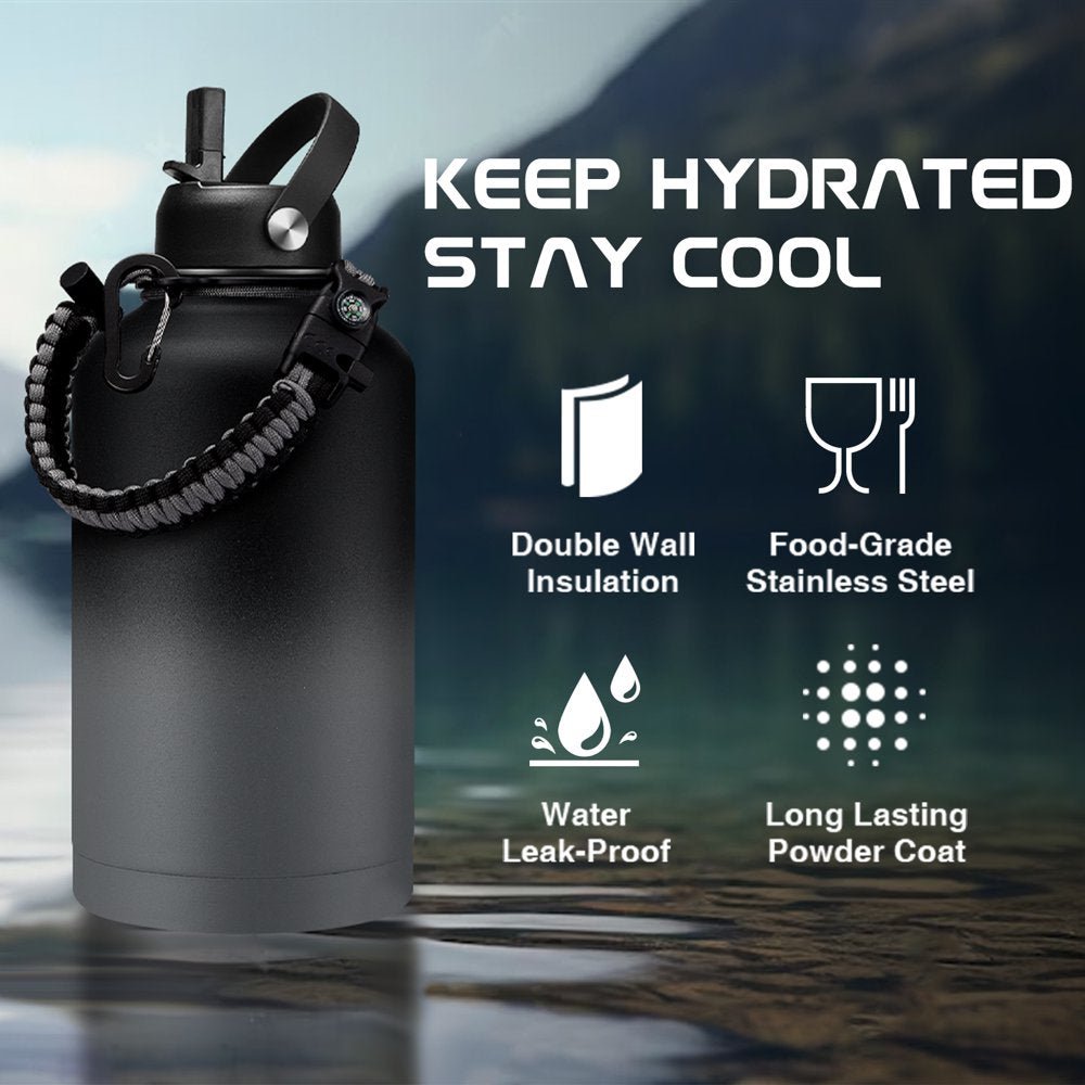 Half Gallon Insulated Water Bottle - with Straw & Spout Lid, Paracord Handle - Canna Camp Supply Co